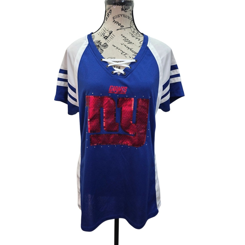 Majestic Womens New York Giants Sequin Shirt XL Lace Up V-Neck Jersey Mesh Top